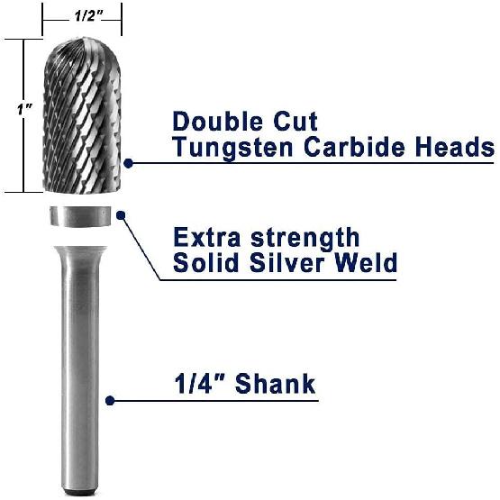SC-5 Tungsten Carbide Burr Cylinder Shape with Radius End Double Cut Rotary Burr File(1/2" Cutter Dia X 1"Cutter Length) with 1/4'' shank, 1pcs