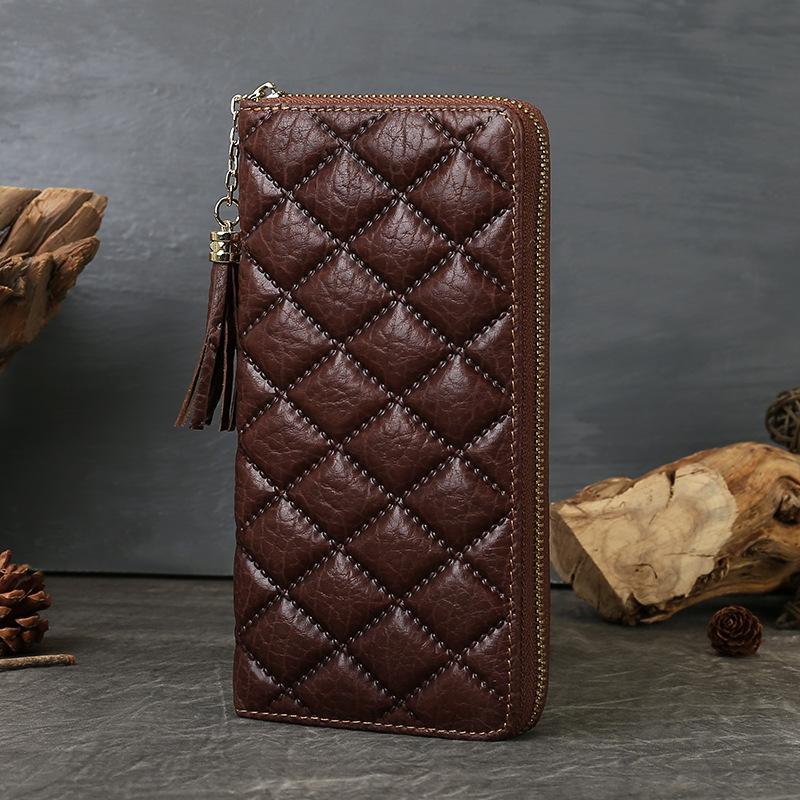 

Johnature Fashionable Plaid Pattern Women s Wallet Card Holder Long Multi Functional Genuine Leather Purse кофейный