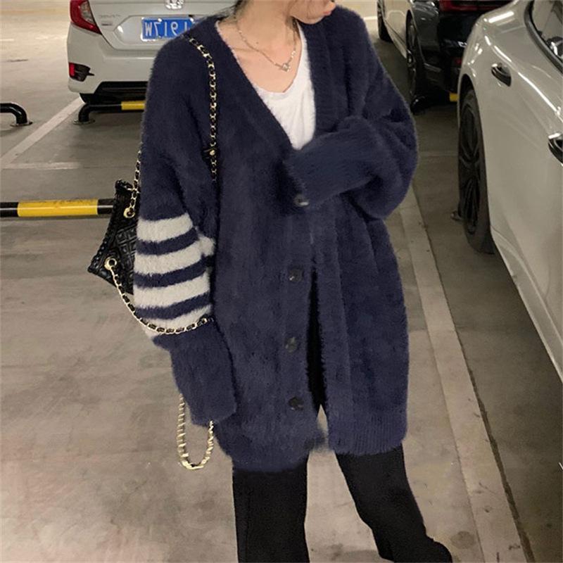 Autumn and winter imitation mink velvet knitted cardigan top women's versatile loose lazy wind sweater jacket splicing design