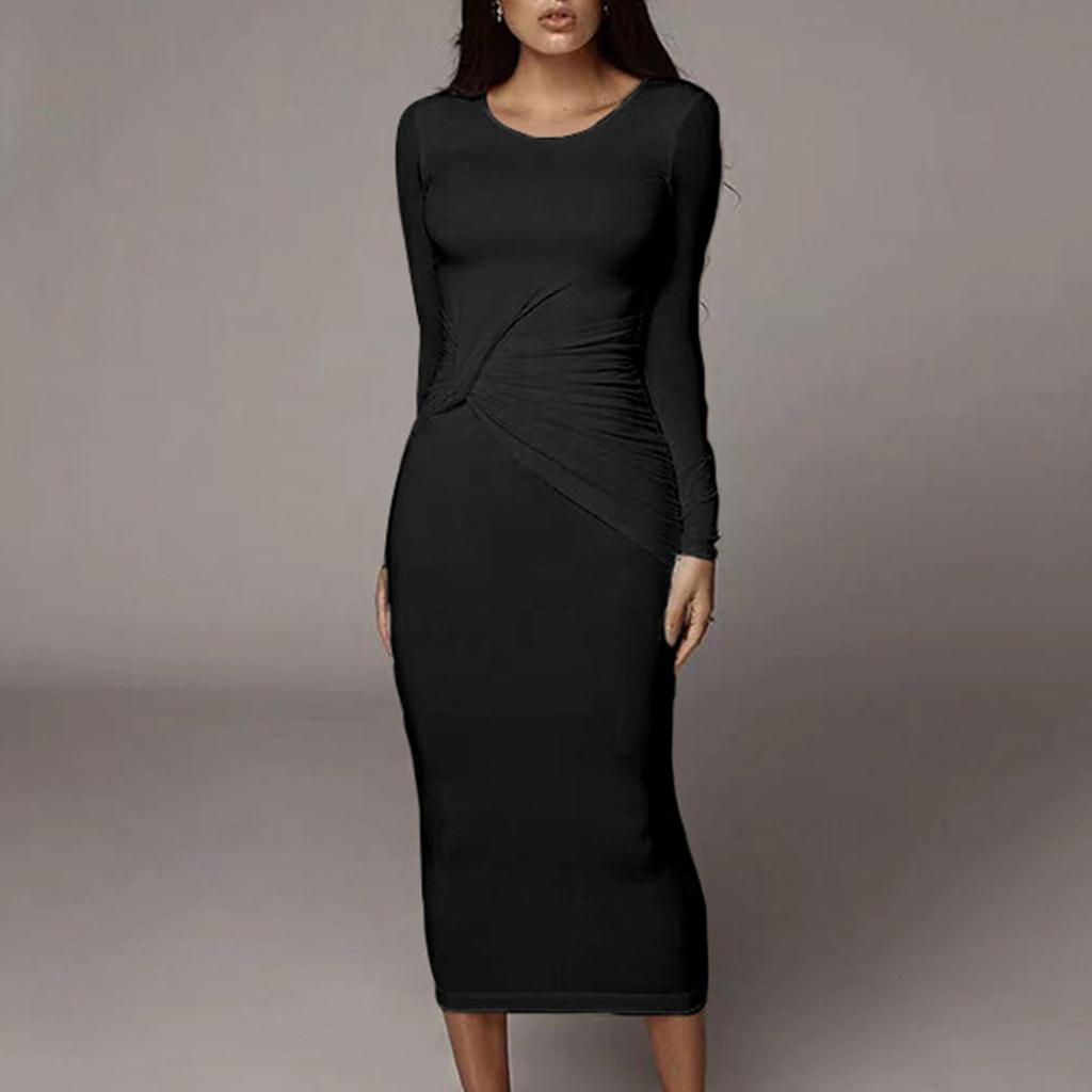 Women's Fashion All- Tight-fitting Round Neck Long-sleeved All- Long Dress