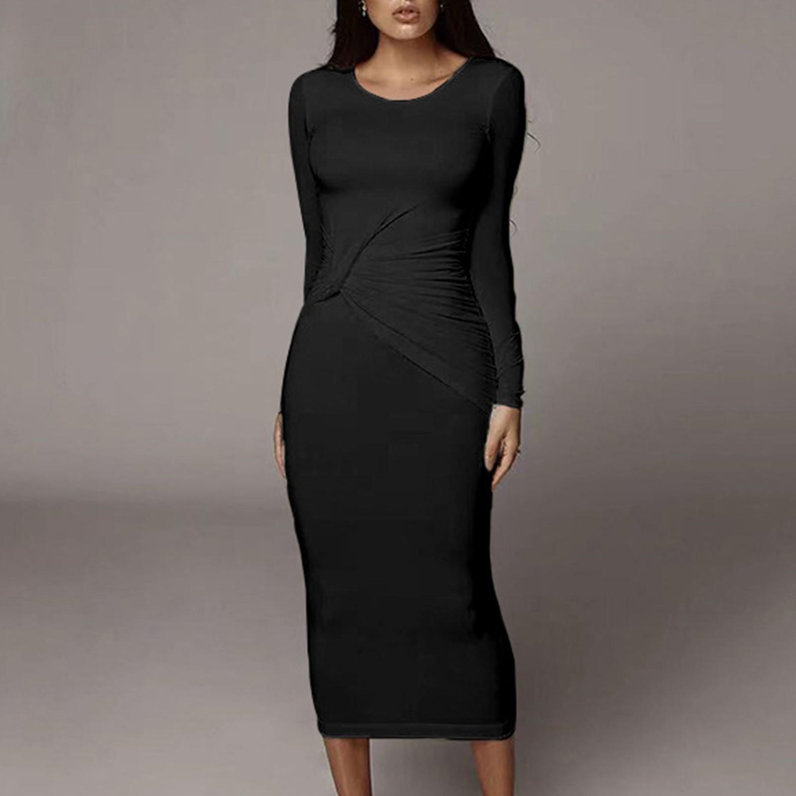 Women s Fashion All- Tight-fitting Round Neck Long-sleeved All- Long Dress S чёрный