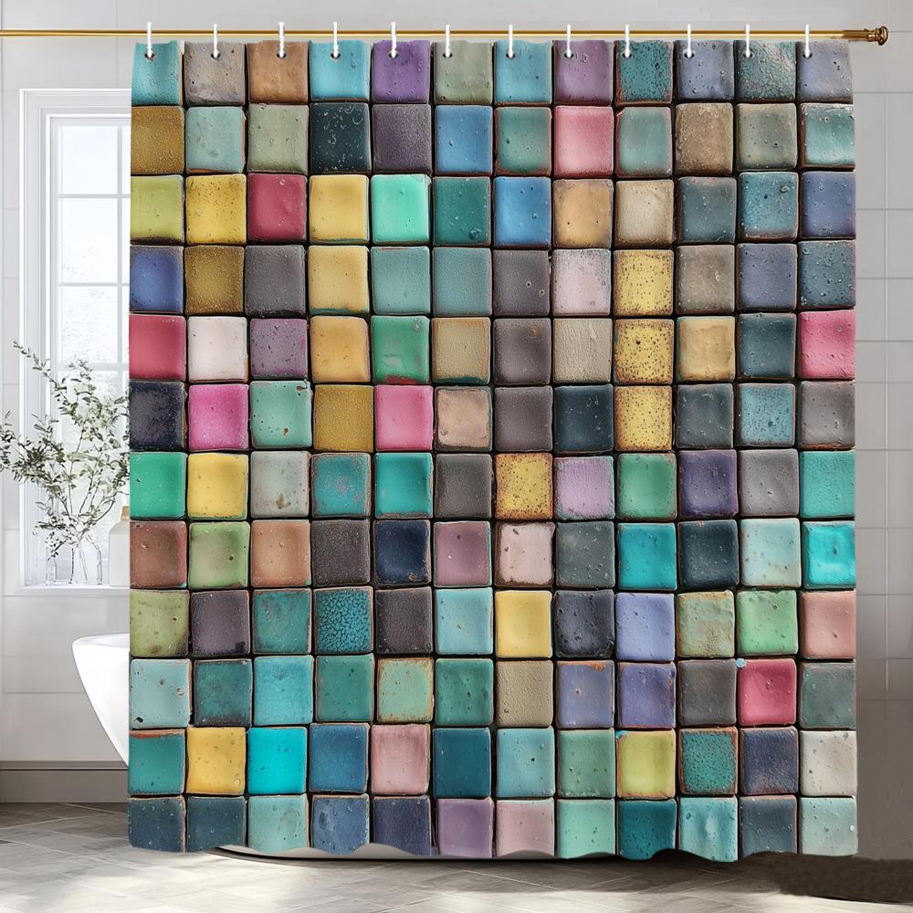 

1Pc Colorful Gradient Geometric Square Shower Curtain,Bathroom Decorative Curtain, Printed Fabric Home Curtain With Hooks W60H190(CM)-1 Pcs