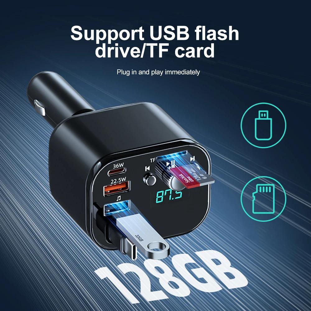 3 IN 1 Dual USB PD QC3.0 Retractable Car Charger Bluetooth 5.0 Handsfree Call Wireless Car Kit FM Transmitter MP3 Music Player