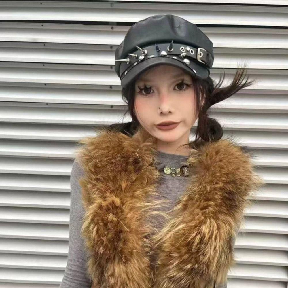 PU Leather Rivet Punk Cap Dark Retro Painter Hat Harajuku Gothic Spike Cap  Headdress