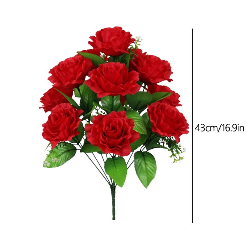 12Heads Silk Rose Artificial Flowers Fake Bouquet Wedding Party Home Grave Decor