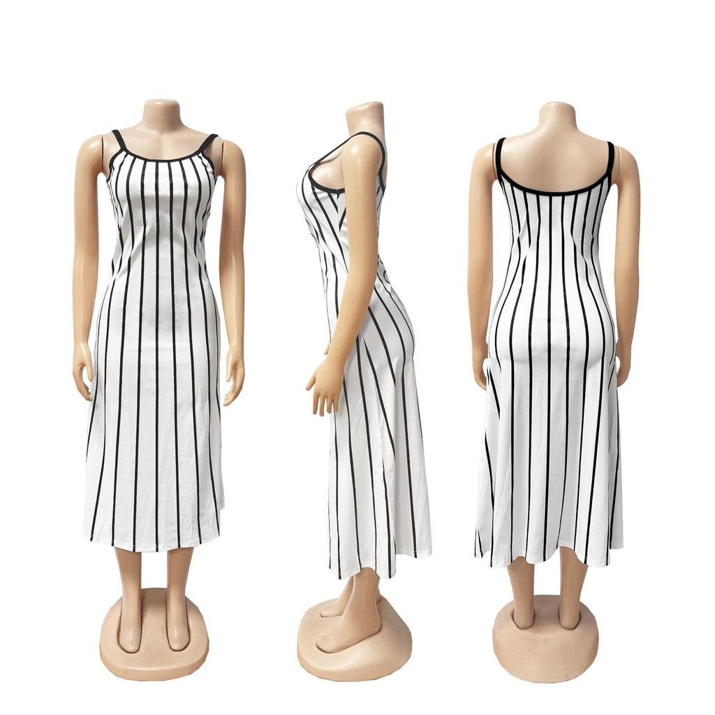 Retro Stripe Patchwork Backless Slip Dress - Color Block Sleeveless Long Slim Fit