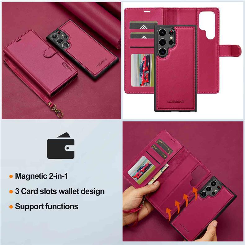 2-in-1 Magnetic Detachable Case for Samsung S25 Ultra, A17 Flip Cover with Card Slot and Lanyard, Leather Case A5655
