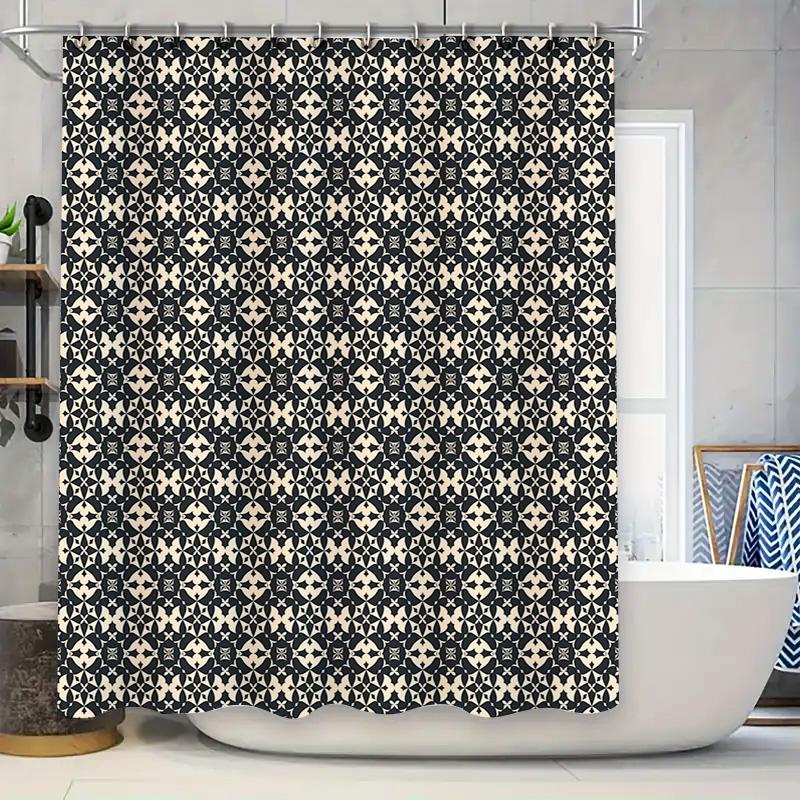 

Modern Classic Retro Pattern Shower Curtain Set For Bathroom Decor – Black Beige Geometric Print Fabric Waterproof Bath Liner Ho W60H190(CM)-1 Pcs