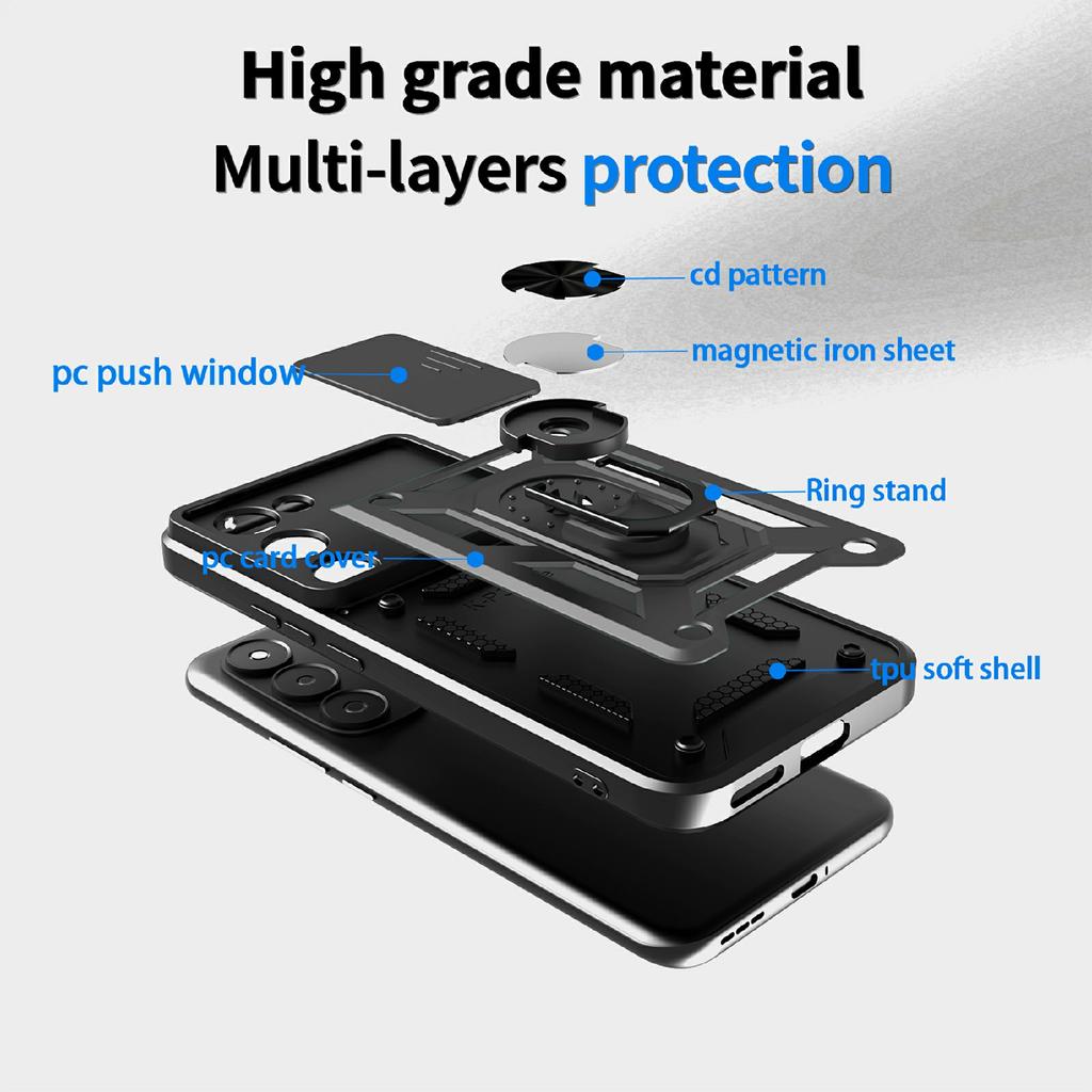 For TECNO Spark 40 Pro+ 4G Case with Slide Camera Lid PC + TPU Kickstand Phone Cover