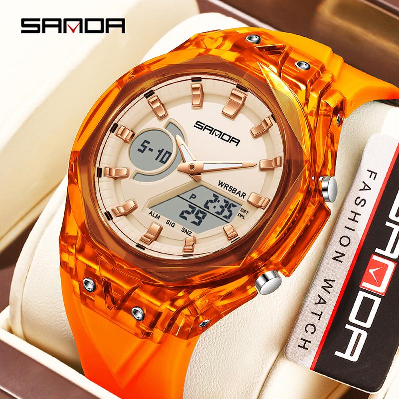 Sanda Dual Display Multifunction Fashion Wristwatch with Colorful Transparent Case for Youthful Korean Style