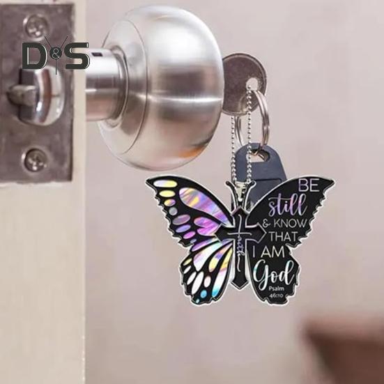 Motyl Brelok Zawieszka Lusterko wsteczne Ozdoba Bądź Spokojny I Wiedz, Że Jestem Bogiem Akrylowy Płaski Klucz Samochodowy Wiszący Zawieszka