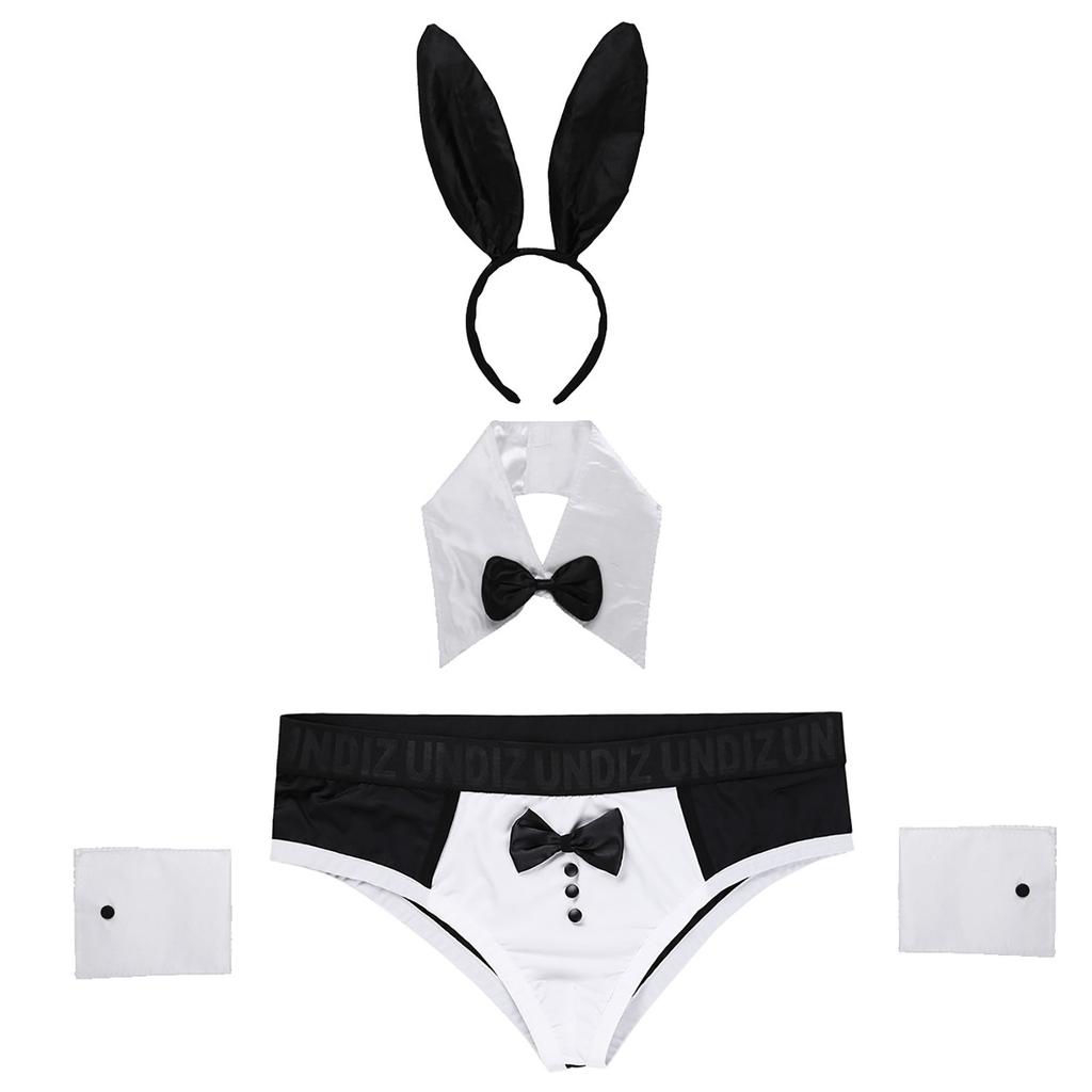 Mens Lingerie Set Bowknot Briefs Bunny Ears Headband Bowtie Collar Cuffs Halloween Costume