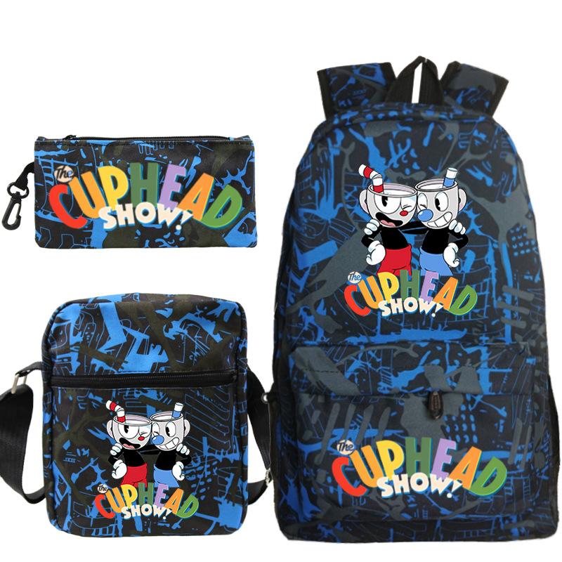Cartoon Teacup Head Cuphead Student School Bag Backpack Three-piece Set Children's Shoulder Bag Pencil Bag