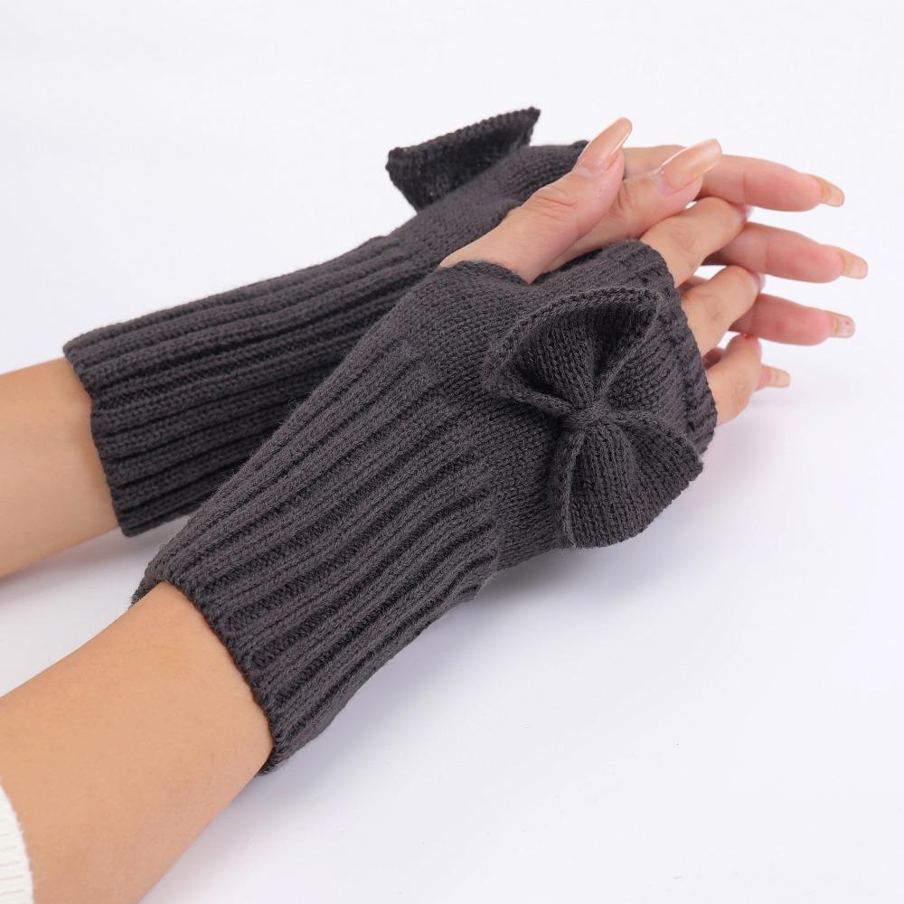 Thick Warm Bowknot Knitted Gloves Soft Half Finger Gloves Cute Arm Warmers  Women Girls