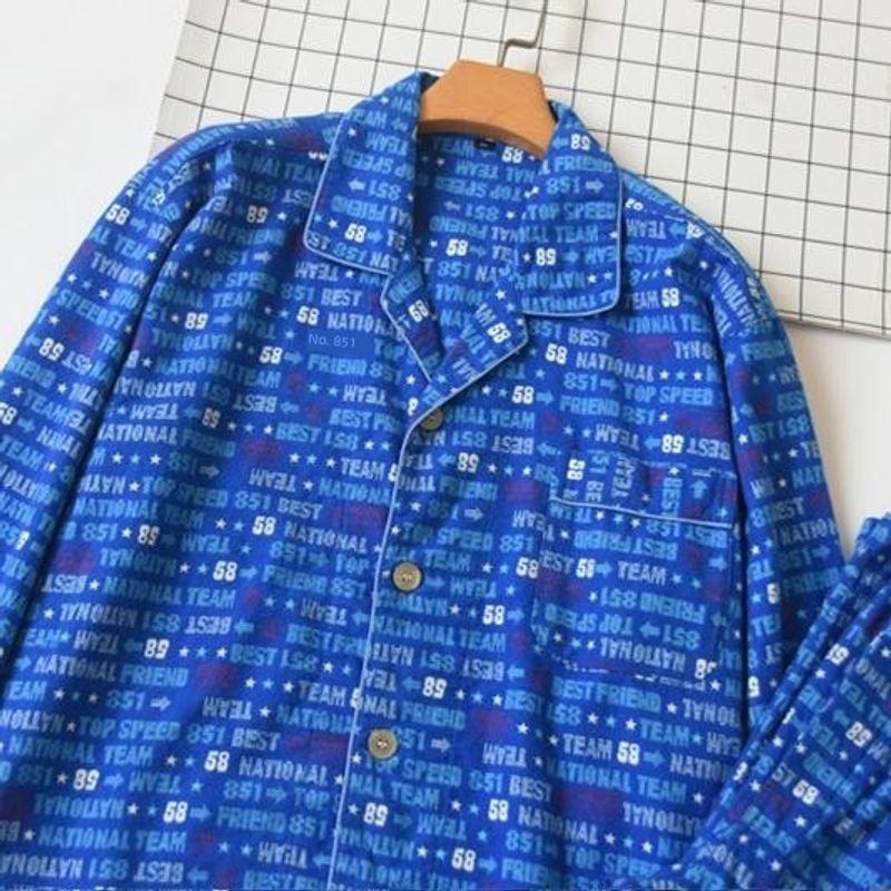 Japan Fashion Cotton Sanding Flannel Print Men's Long Sleeve Trousers Pajamas Set Spring, Autumn and Winter Cotton Lapel Homewear