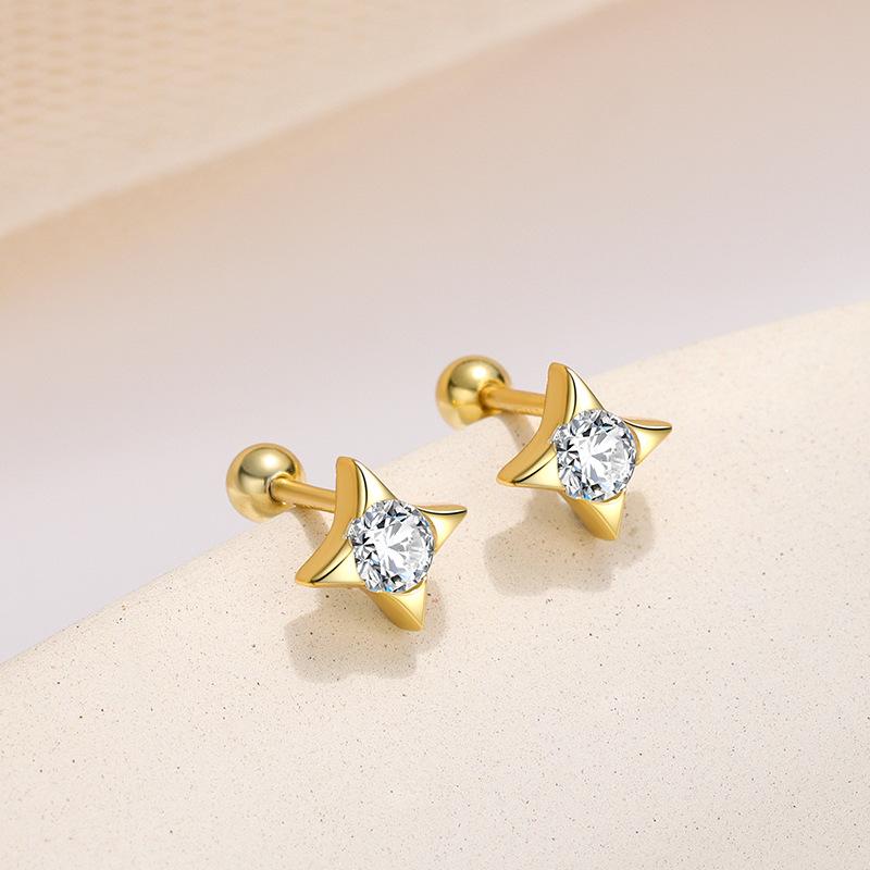 S925 Sterling Silver Inlaid Zircon Star Screw Earrings for Women Simple INS Fashionable Versatile Plating K Gold Earrings