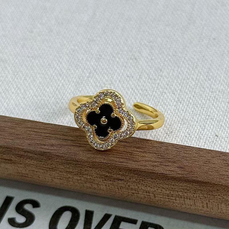 Dark Oil Dripping Full Diamond Inlaid Zirconium Four-Leaf Clover Open Ring Simple Light Luxury High Fashion Women