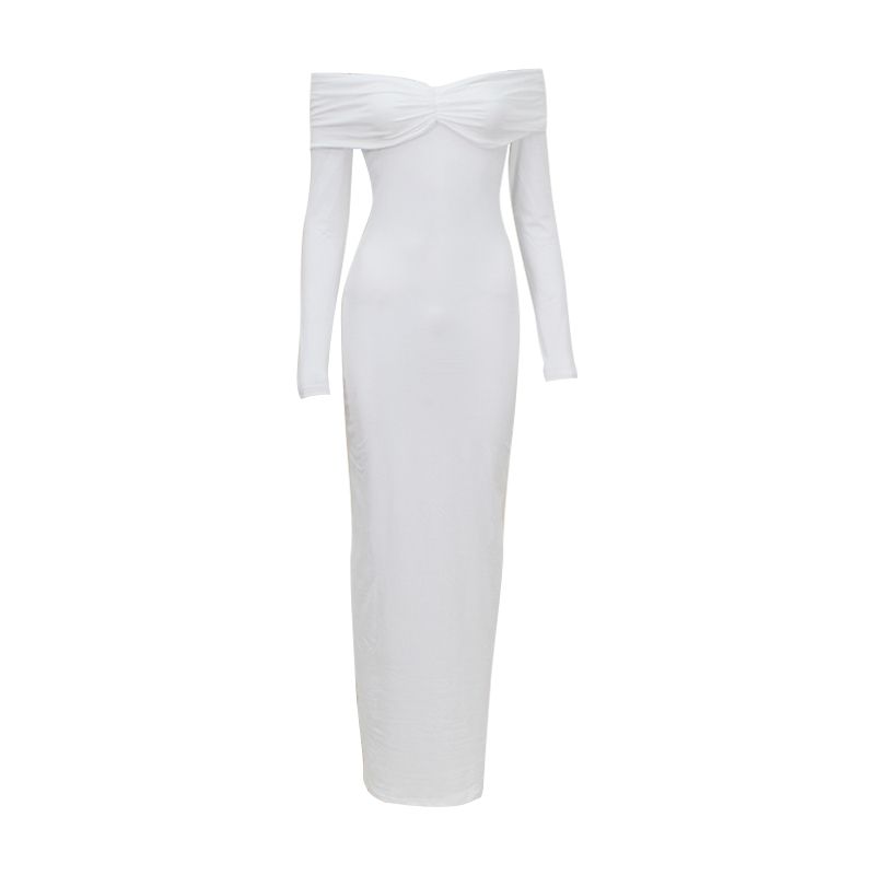 Street Sexy Twisted off-Shoulder Classic Dress Slim Fit Long Sleeves Fashion All-Match Pure Color Base Dress