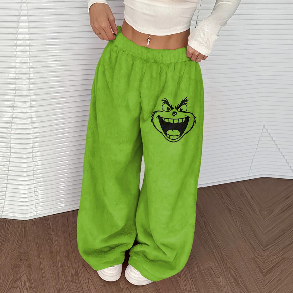 Women's Casual Christmas Print Elastic Waist Loose Fit With Plush Wide Leg Pants