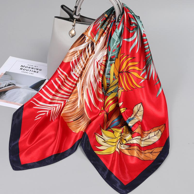 90*90Cm Women Elegant Floral Printed Square Imitation Silk Scarf Hijab Women Luxury Sunscreen And Dustproof Kerchief Head Scarf