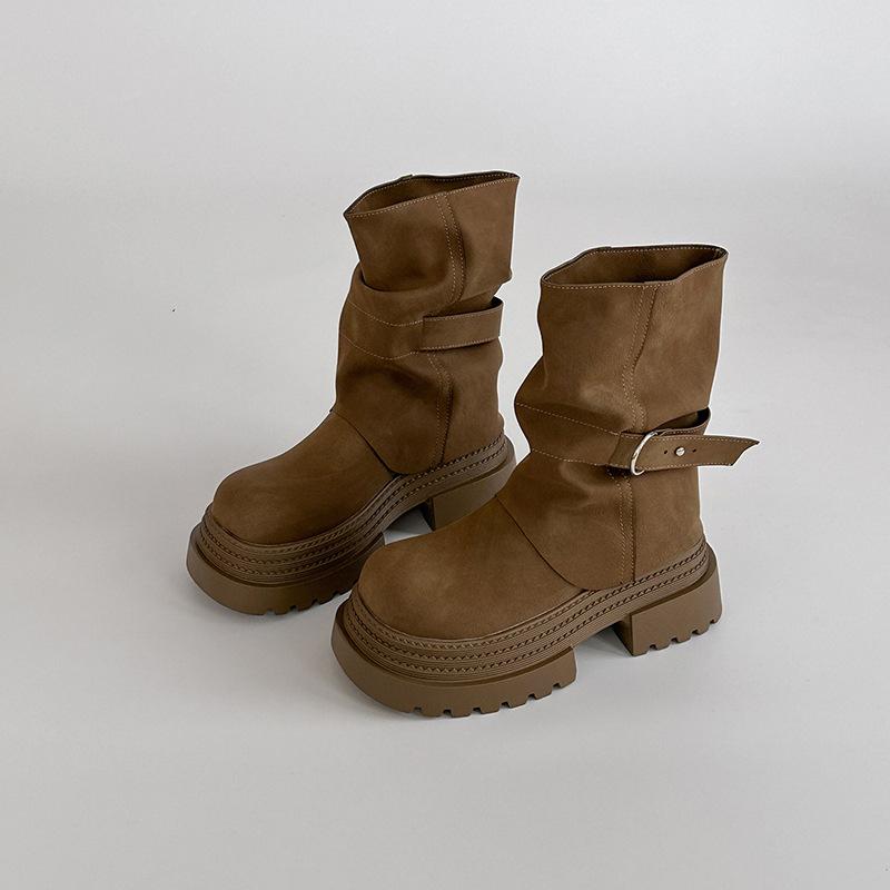 Fashion Versatile Belt Buckle Round Head Thick Sole Heightening Short Boots Women's 2025 Autumn and Winter New Fashion Versatile Thick Sole Boots