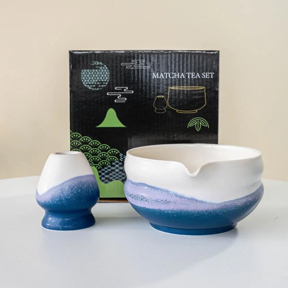 New Ceramic Matcha Bowl with Pouring Spout Reusable Matcha Whisk Holder Multicolored Japanese Tea Set Tea Lovers