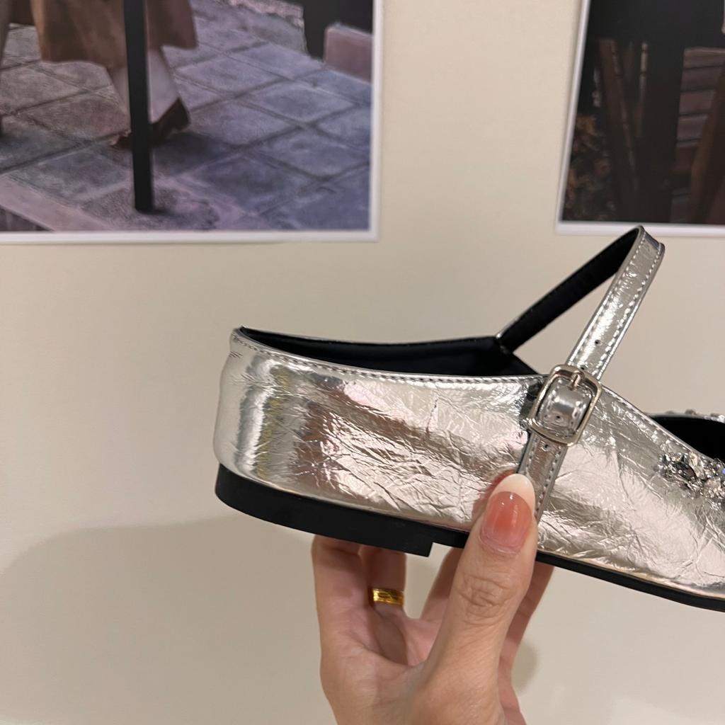 Inner height increase 3CM pointed silver rhinestone bag head half slippers women's shoes outer wear 2025 spring and summer French single shoes