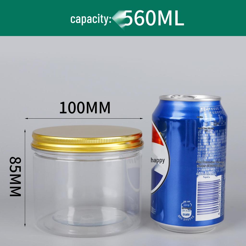 100-Opening Transparent PET Plastic Jar with Aluminum Lid for Kitchen Spices, Nuts, and Snacks
