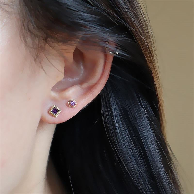 S925 Sterling Silver Plated 18K Gold Earrings for Women Purple Zircon Geometric Simple Temperament Screw Ear Bone Nail