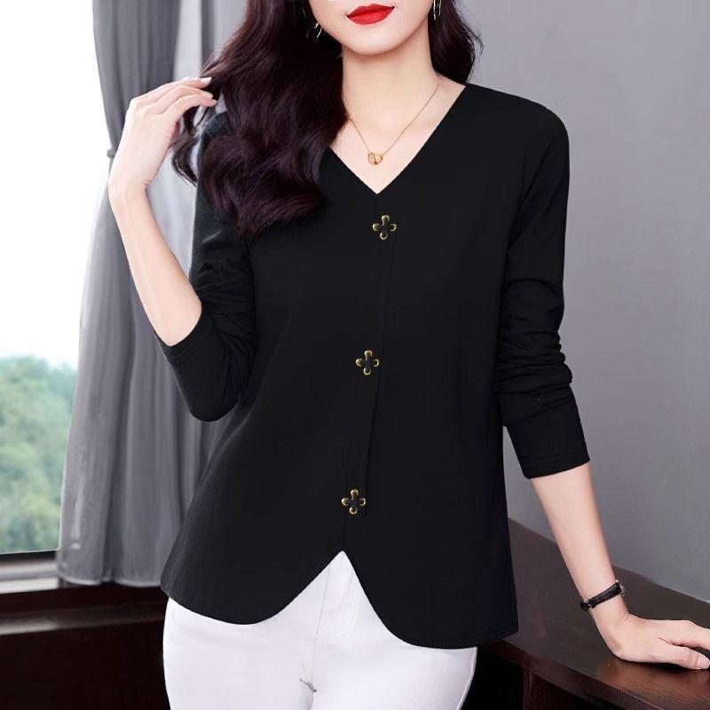 Women Spring Autumn  Long Sleeve T-shirt Item Plus Size Fat Mm Stylish V-neck Top Loose Bottom Shirt