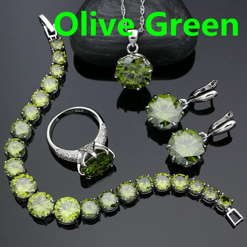 

925 Silver Jewelry Sets for Girls Accessories Blue Cubic Zirconia Earrings Ring Bracelet Pendant Necklace Set Silver Jewelry 10 оливковий колір