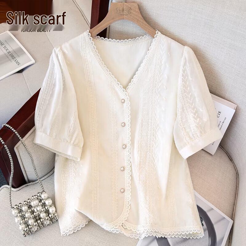 Women s V-Neck Short Sleeve Single-Breasted Blouse S