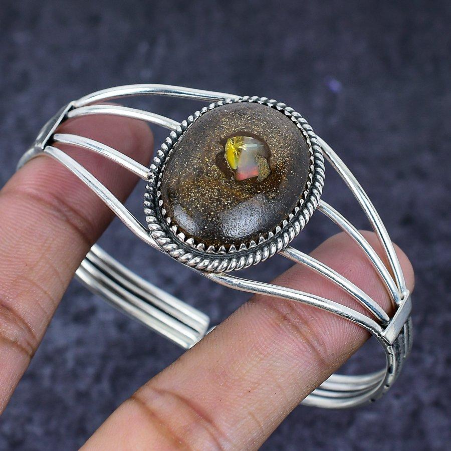 Natural Boulder Opal Gemstone 925 Sterling Silver Cuff Bangle Adjustable ETC-13919