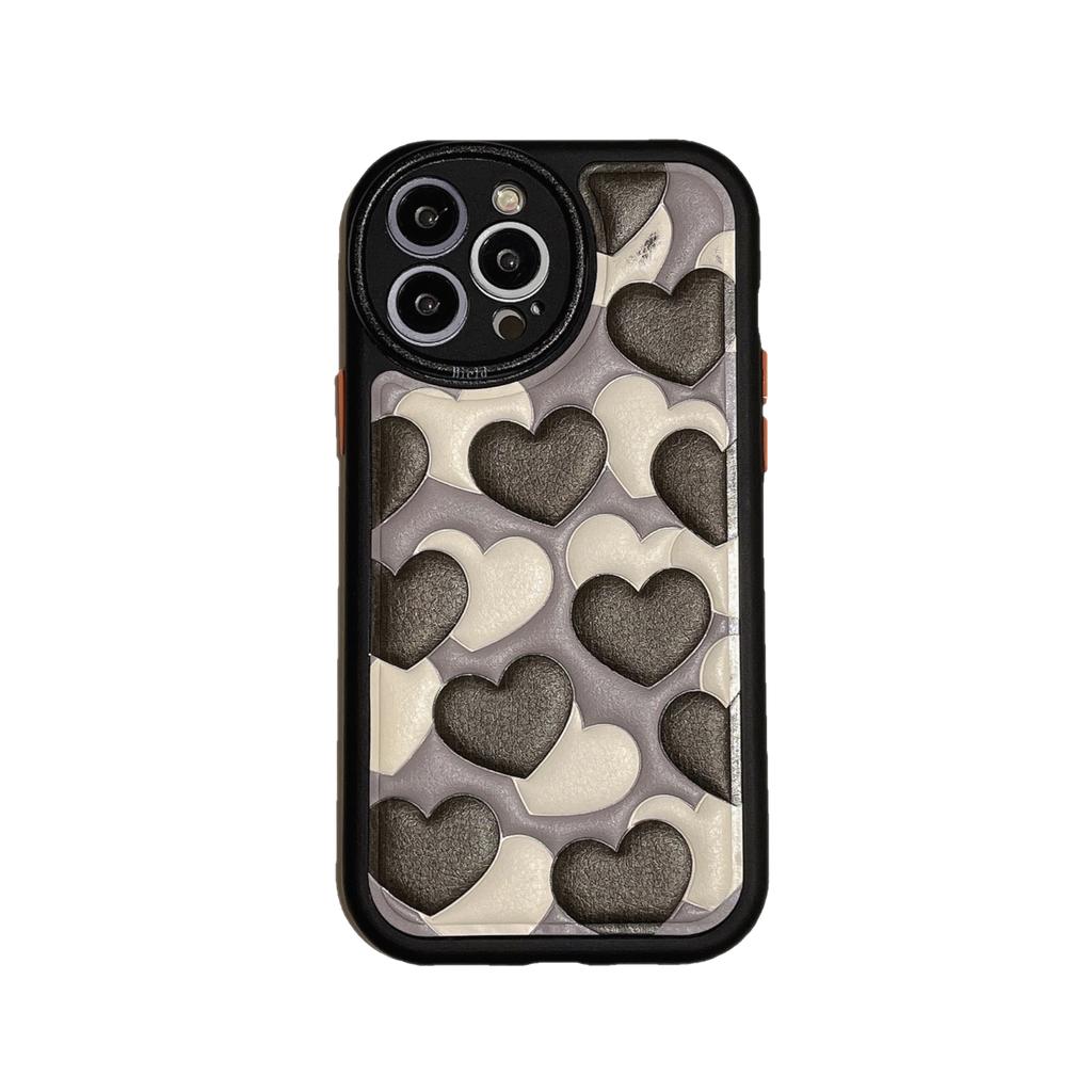 Leather Relif Cartoon Love Black White Heart Ins Shockproof Phone Case For Iphone 13 12 14 Pro Max 11 Promax Back Cover Capa