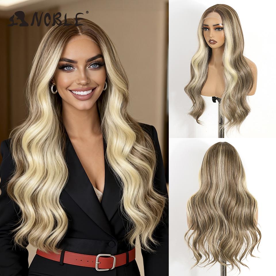 Noble Synthetic Lace Front Wigs For Women 26 Inch Wavy Platinum Blonde Ombre Wig Highlight Lace Front Wig Cosplay Lace Wigs