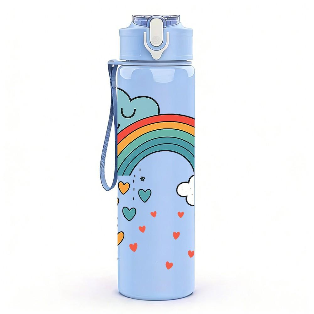 1PC Cloud Rainbow Heart 750ml Color Plastic Sports Water Bottle Leakproof Flip Straw Lid Suitable for Sports Office Home Use