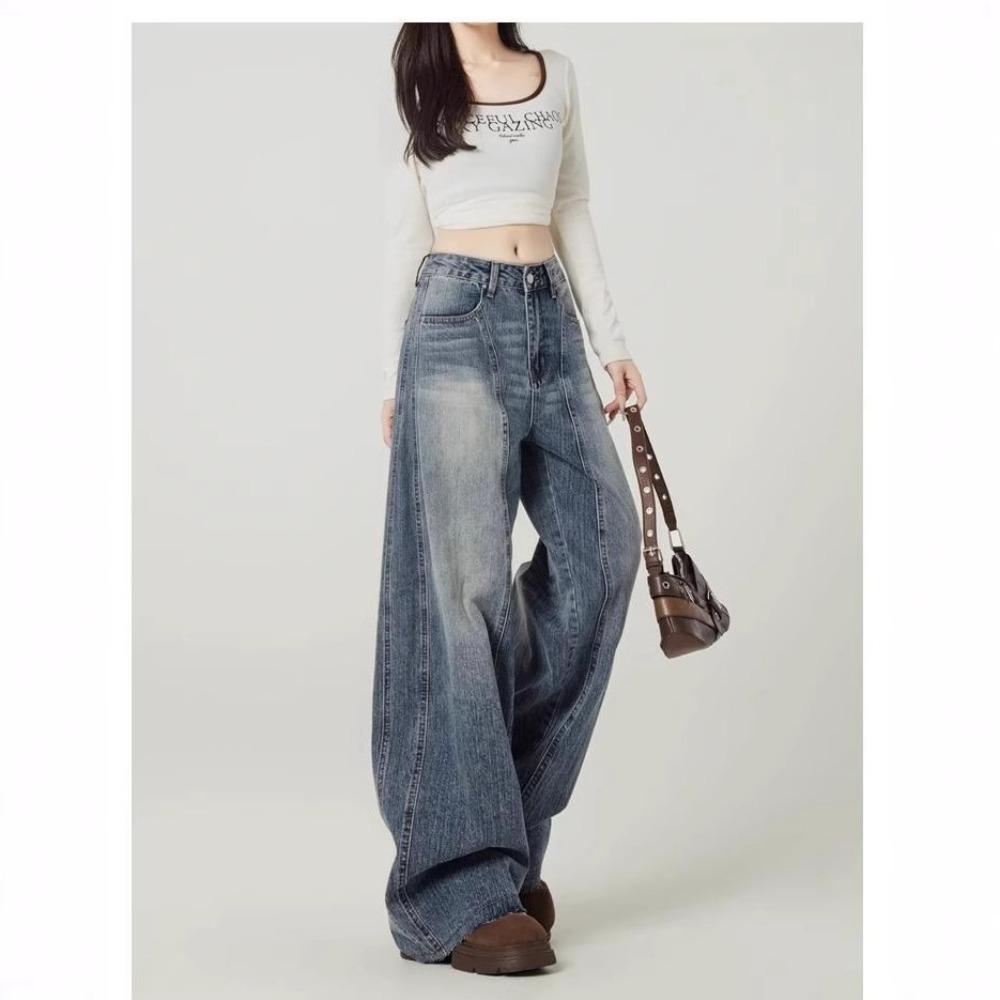Women's High Waist Wide Leg Baggy Jeans Loose Fit Vintage Washed Patchwork Non Stretch Casual Long Denim Trousers