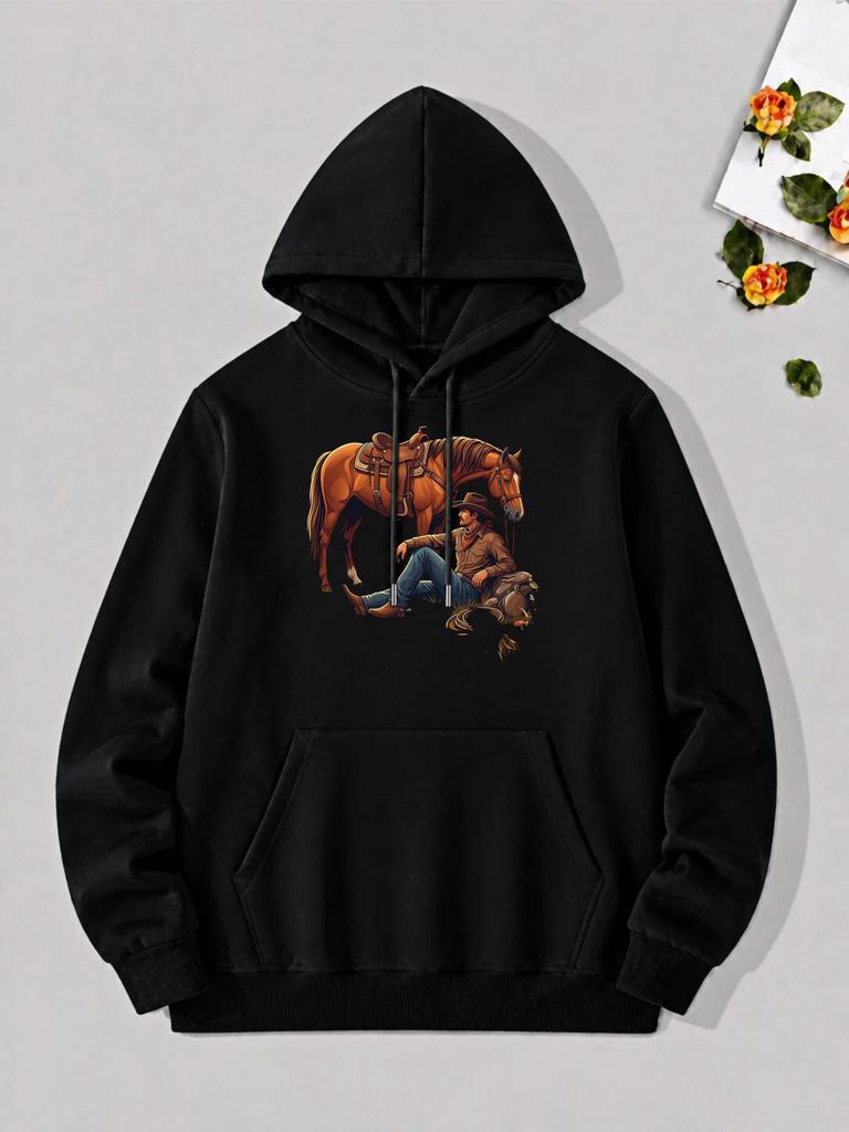 unisex Hoodie, Western Theme, Cowboy And Horse Graphic Print, Pullover Sweatshirt, Casual Streetwear Style, Fall Winter Season, Front Kangaroo Pocket