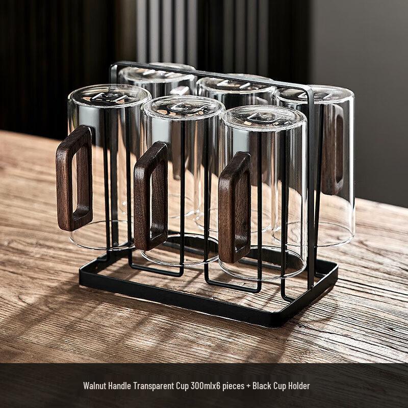 Heat-Resistant Borosilicate Glass Cup Set with Walnut Handles
