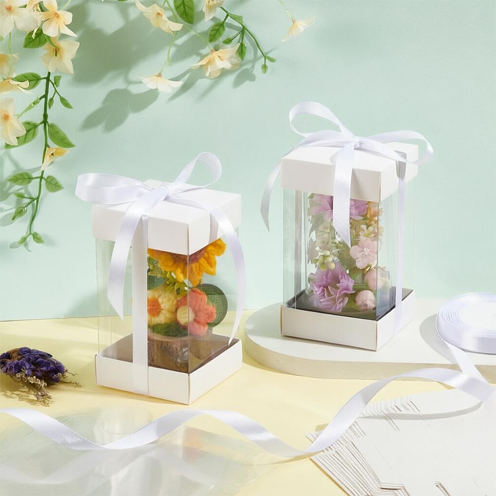 10Pcs Clear PET Gift Storage Boxes with Paper Base Rectangle Gift Packaging Cases with 1 Roll Ribbon White 8x8x14cm