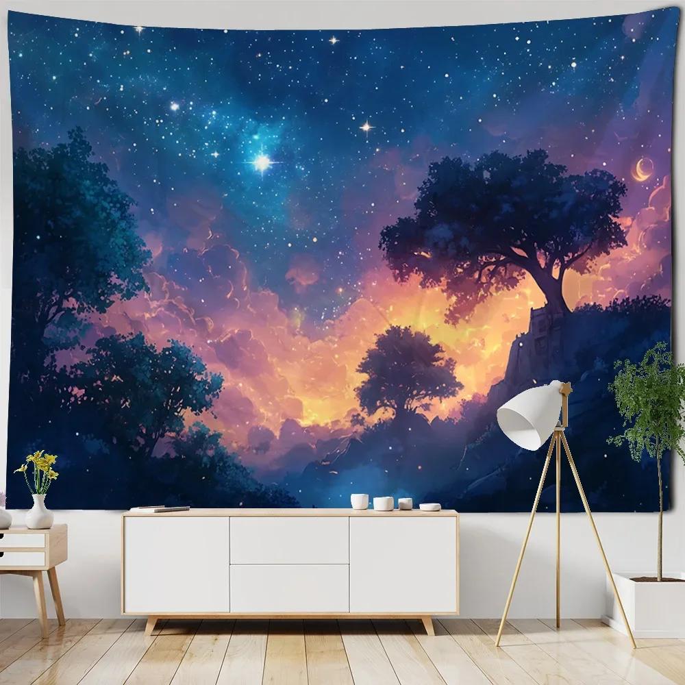 Tree starry sky tapestry dreamy landscape forest mural room art decoration living room bedroom hippie wall hanging blanket