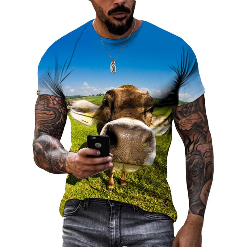 New 3D Funny Animal Cattle Graphic T Shirts Summer Men Fashion Personality Interest Printed Round Neck Short Sleeve Tees Tops