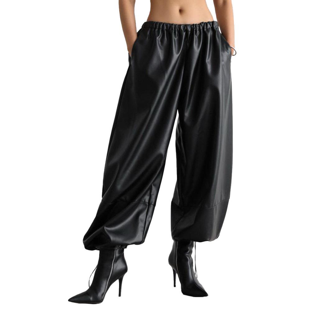 Schwarze Weite Hosen mit Knöchelmanschette Hohe Taille Elastische Taille PU-Lederhosen