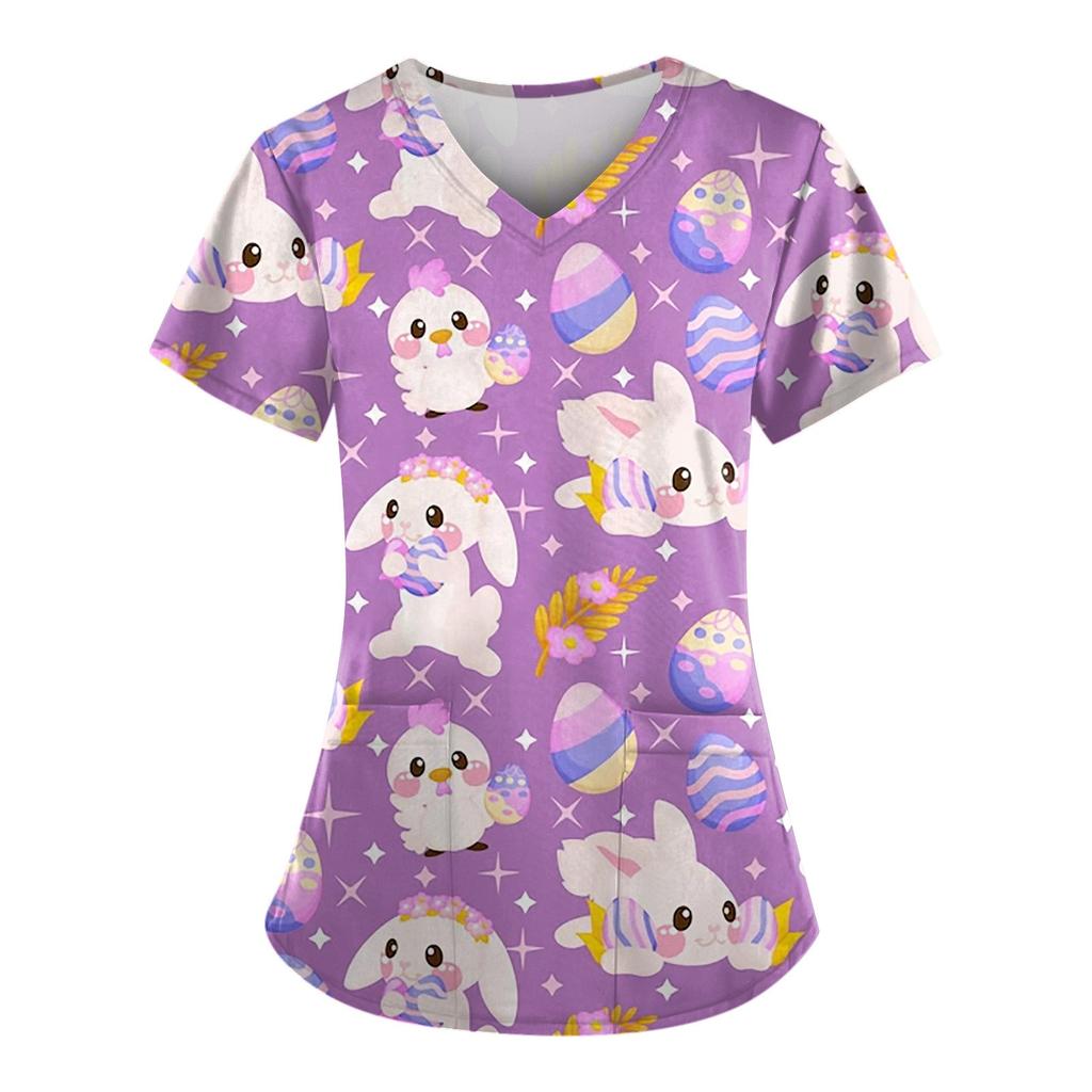Plus Size Printed Scrub Working Uniform Tops For Women's V-Neck Short Sleeve Fun T-Shirts Workwear Tee With Pockets