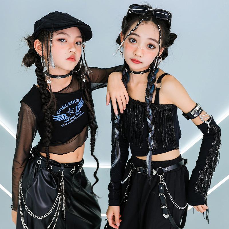 Completo da ballo jazz da ragazza: Top Corto a Maniche Lunghe in Rete con Bretelle, Costume da Esibizione Streetwear e da Passerella