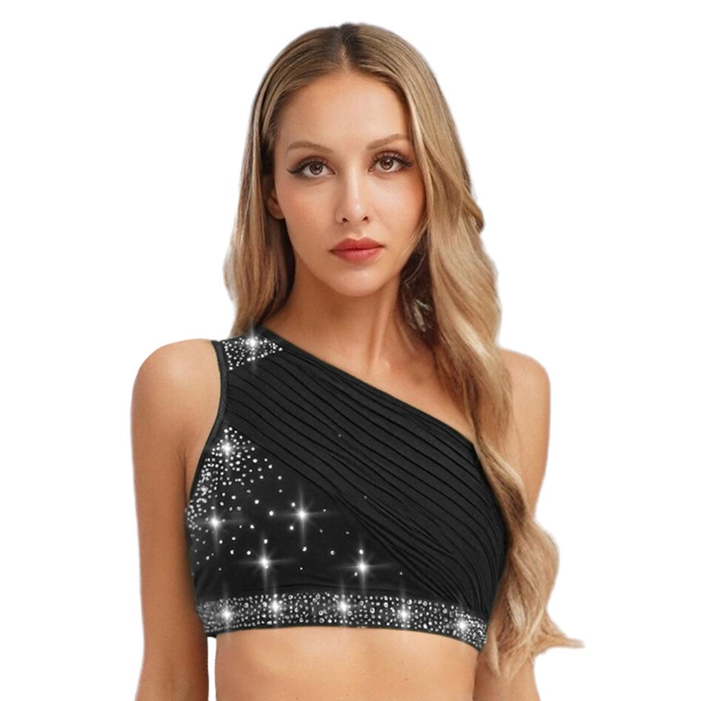 Women's Lyrical Dance Crop Top S-XXL: One Shoulder Ruched Mesh Overlay Rhinestone Design for Modern Dance Performance