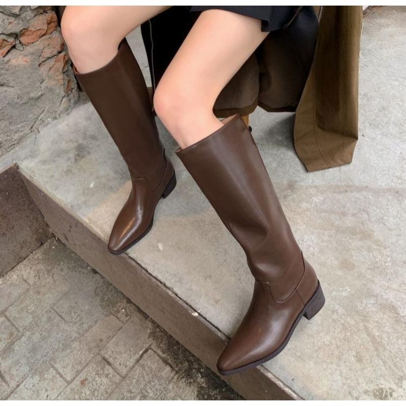 Fashion Women Knee High Boots News Leather Mid Heel Square Toe Long Women's Knight Boot Thick Heel Retro Boots