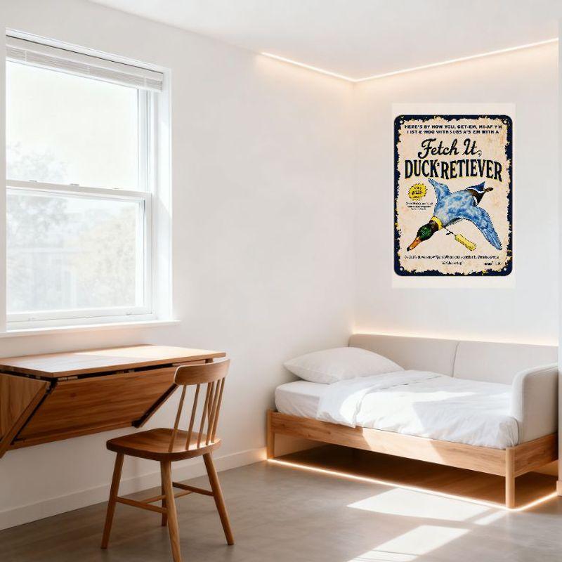 Vintage Mallard Duck Fetch It Dog Toy Tin Sign - Blue Border Yellow Distressed Edge Metal Sign for Home Bar Pub Wall Decor, Only
