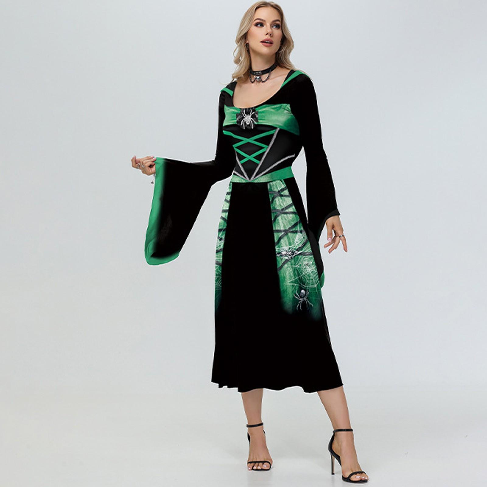 

Женское модное платье с капюшоном и рукавами-трубами, с принтом скелета и паука M зелёный