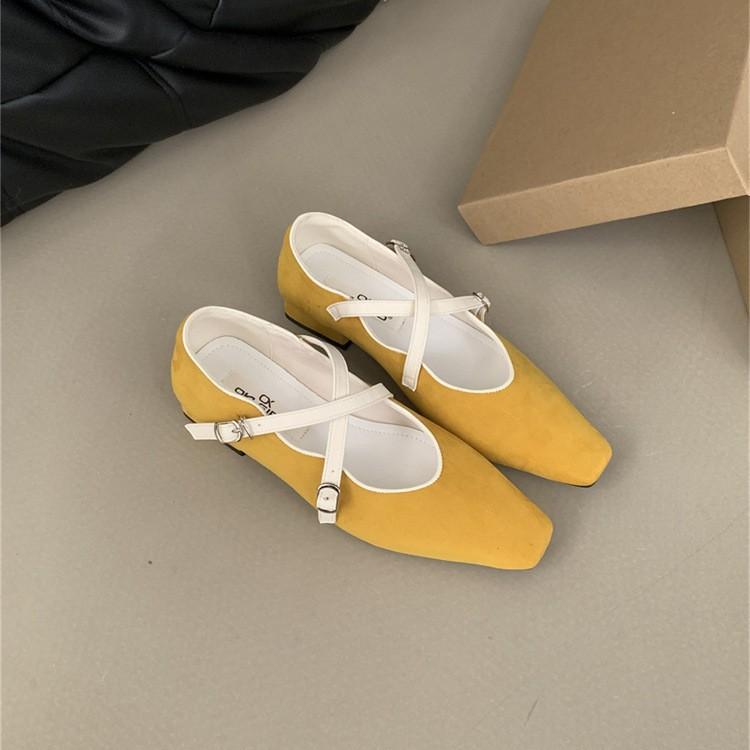 Cross-strap Mary Jane shoes women's 2025 autumn new small square head thick heel suede soft sole single shoes ballet shoes